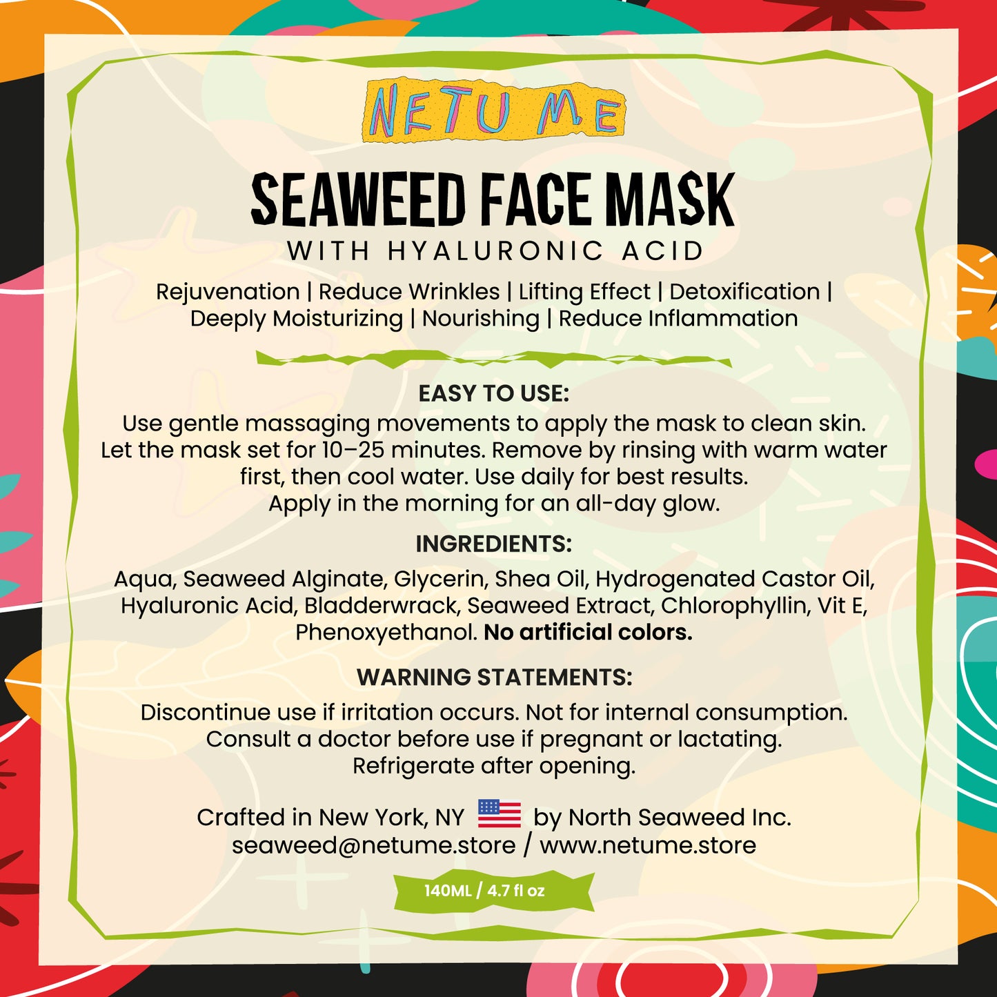 Live Seaweed Anti-Aging Face Mask. Unisex. Made in NYC. Rejuvenation, reduces wrinkles, lifting effect, nourishing, and reduces inflammation.